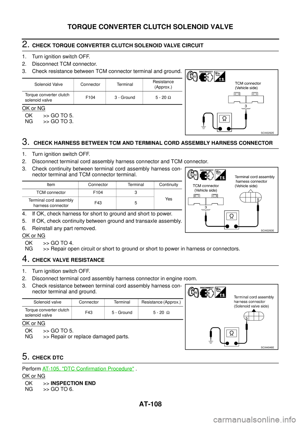 NISSAN TEANA 2003  Service Manual AT-108
TORQUE CONVERTER CLUTCH SOLENOID VALVE
 
2. CHECK TORQUE CONVERTER CLUTCH SOLENOID VALVE CIRCUIT
1. Turn ignition switch OFF.
2. Disconnect TCM connector.
3. Check resistance between TCM connec