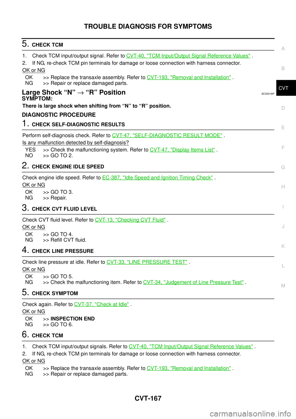 NISSAN TEANA 2003  Service Manual TROUBLE DIAGNOSIS FOR SYMPTOMS
CVT-167
D
E
F
G
H
I
J
K
L
MA
B
CVT
 
5. CHECK TCM
1. Check TCM input/output signal. Refer to CVT-40, "
TCM Input/Output Signal Reference Values" .
2. If NG, re-check TCM