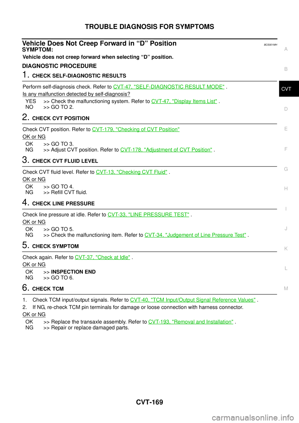 NISSAN TEANA 2003  Service Manual TROUBLE DIAGNOSIS FOR SYMPTOMS
CVT-169
D
E
F
G
H
I
J
K
L
MA
B
CVT
 
Vehicle Does Not Creep Forward in “D” PositionBCS001MH
SYMPTOM:
Vehicle does not creep forward when selecting “D” position.

