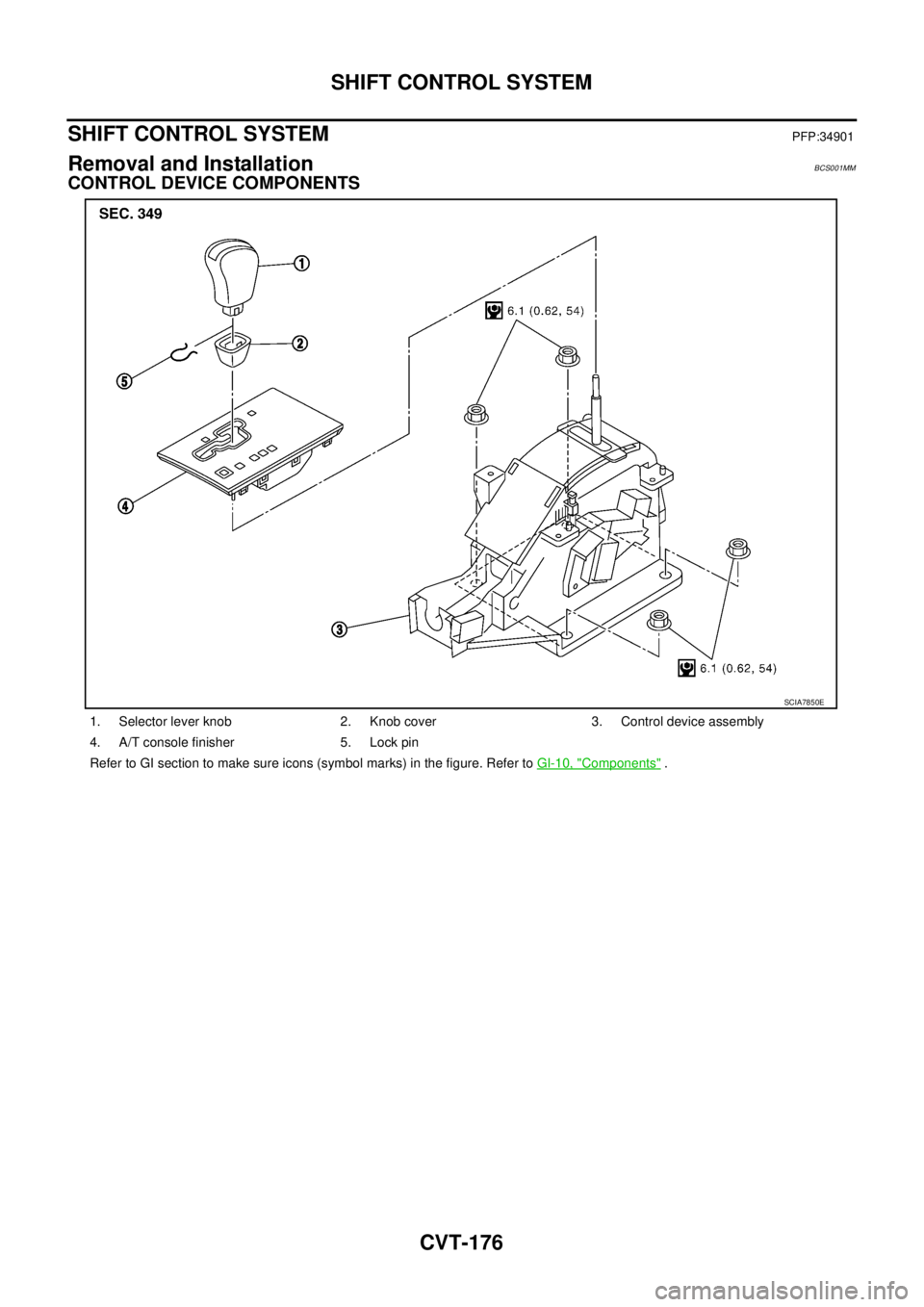 NISSAN TEANA 2003  Service Manual CVT-176
SHIFT CONTROL SYSTEM
 
SHIFT CONTROL SYSTEMPFP:34901
Removal and InstallationBCS001MM
CONTROL DEVICE COMPONENTS
1. Selector lever knob 2. Knob cover 3. Control device assembly
4. A/T console f