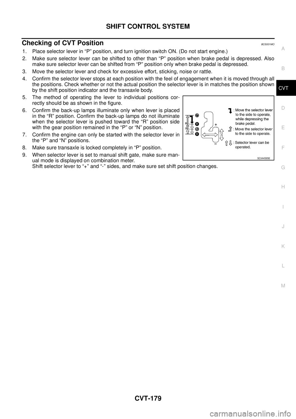 NISSAN TEANA 2003  Service Manual SHIFT CONTROL SYSTEM
CVT-179
D
E
F
G
H
I
J
K
L
MA
B
CVT
 
Checking of CVT PositionBCS001MO
1. Place selector lever in “P” position, and turn ignition switch ON. (Do not start engine.)
2. Make sure