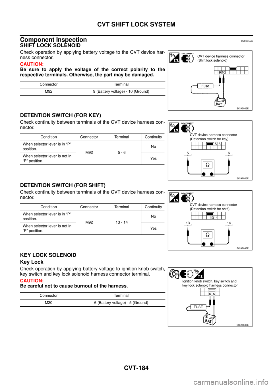 NISSAN TEANA 2003 User Guide CVT-184
CVT SHIFT LOCK SYSTEM
 
Component InspectionBCS001MU
SHIFT LOCK SOLENOID
Check operation by applying battery voltage to the CVT device har-
ness connector.
CAUTION:
Be sure to apply the voltag