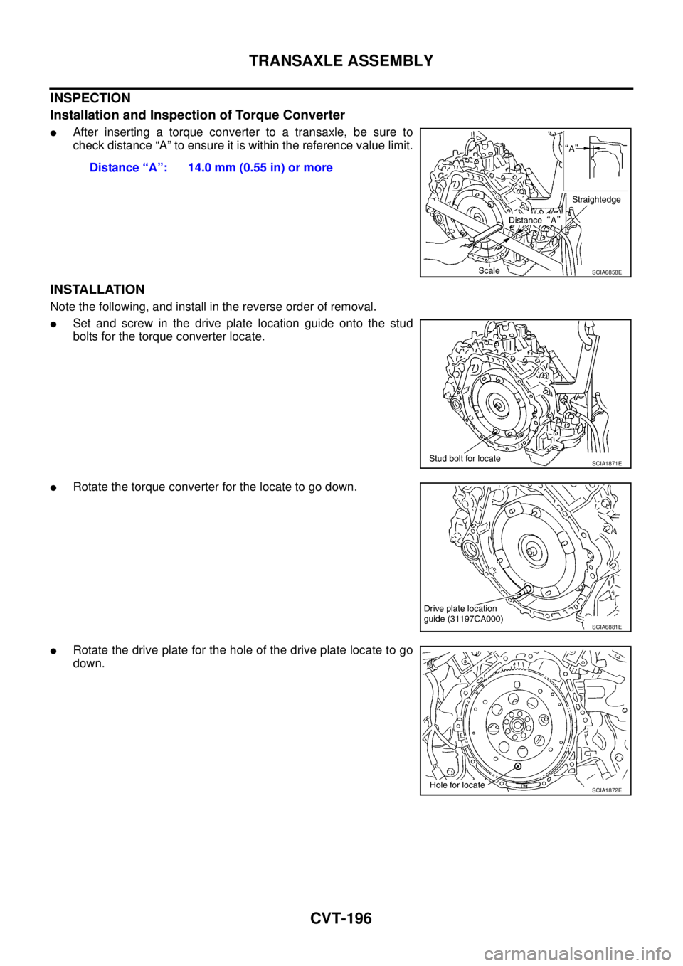 NISSAN TEANA 2003  Service Manual CVT-196
TRANSAXLE ASSEMBLY
 
INSPECTION
Installation and Inspection of Torque Converter
After inserting a torque converter to a transaxle, be sure to
check distance “A” to ensure it is within the