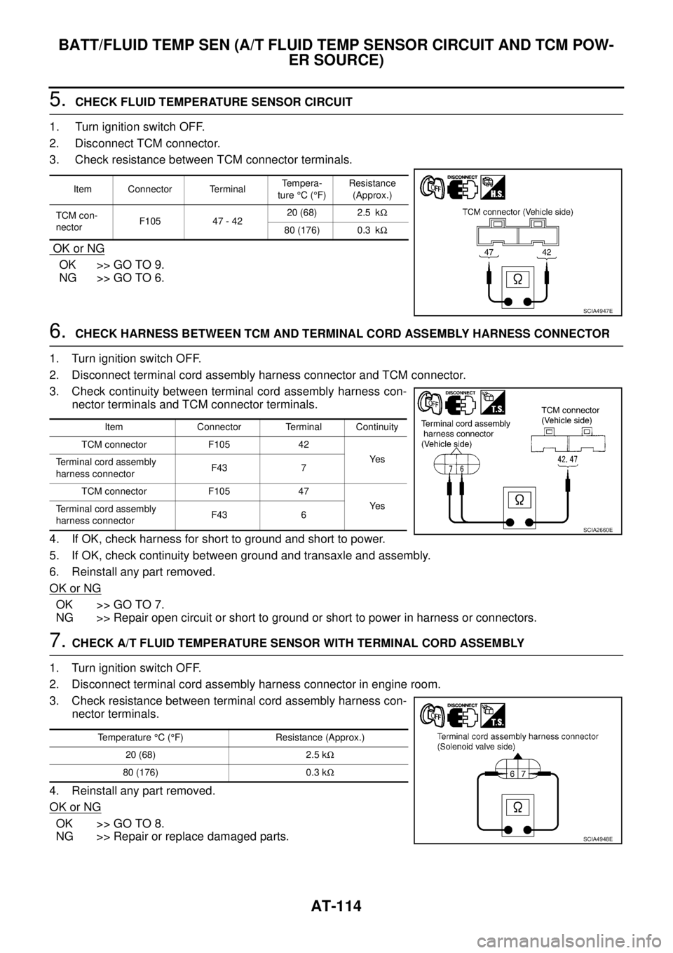 NISSAN TEANA 2003 Workshop Manual AT-114
BATT/FLUID TEMP SEN (A/T FLUID TEMP SENSOR CIRCUIT AND TCM POW-
ER SOURCE)
5. CHECK FLUID TEMPERATURE SENSOR CIRCUIT
1. Turn ignition switch OFF.
2. Disconnect TCM connector.
3. Check res NISSAN TEANA 2003 Workshop Manual AT-114
BATT/FLUID TEMP SEN (A/T FLUID TEMP SENSOR CIRCUIT AND TCM POW-
ER SOURCE)
5. CHECK FLUID TEMPERATURE SENSOR CIRCUIT
1. Turn ignition switch OFF.
2. Disconnect TCM connector.
3. Check res