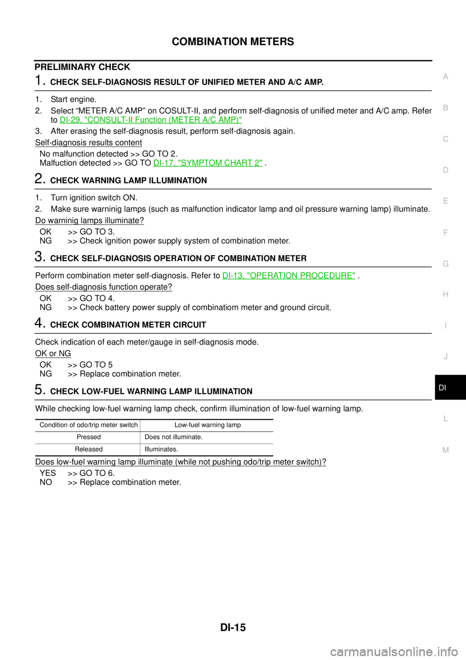 NISSAN TEANA 2003 Service Manual COMBINATION METERS
DI-15
C
D
E
F
G
H
I
J
L
MA
B
DI
PRELIMINARY CHECK
1. CHECK SELF-DIAGNOSIS RESULT OF UNIFIED METER AND A/C AMP.
1. Start engine.
2. Select “METER A/C AMP” on COSULT-II, and per NISSAN TEANA 2003 Service Manual COMBINATION METERS
DI-15
C
D
E
F
G
H
I
J
L
MA
B
DI
PRELIMINARY CHECK
1. CHECK SELF-DIAGNOSIS RESULT OF UNIFIED METER AND A/C AMP.
1. Start engine.
2. Select “METER A/C AMP” on COSULT-II, and per