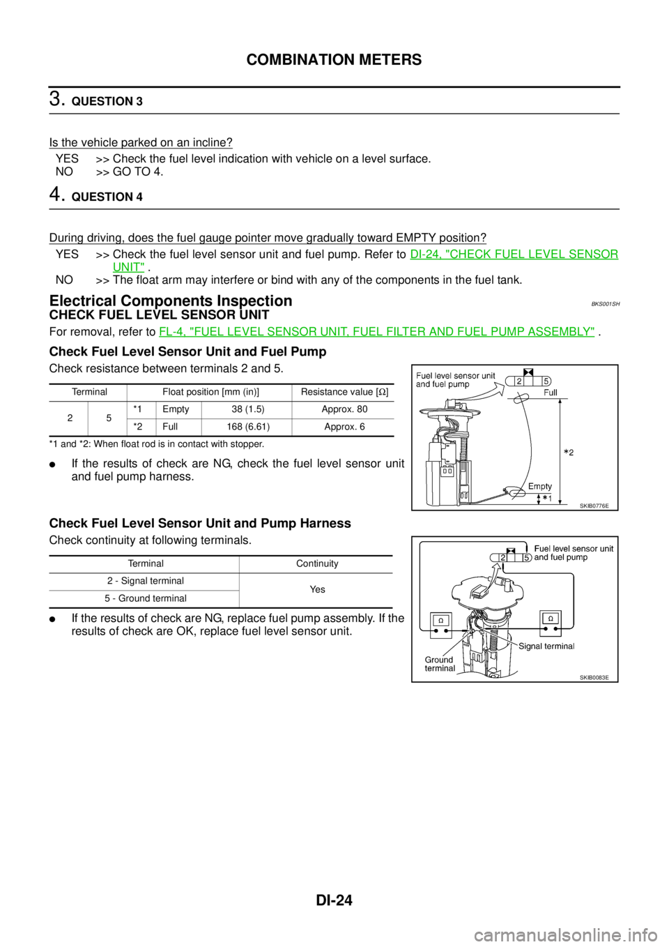 NISSAN TEANA 2003  Service Manual DI-24
COMBINATION METERS
 
3. QUESTION 3
Is the vehicle parked on an incline?
YES >> Check the fuel level indication with vehicle on a level surface.
NO >> GO TO 4.
4. QUESTION 4
During driving, does 