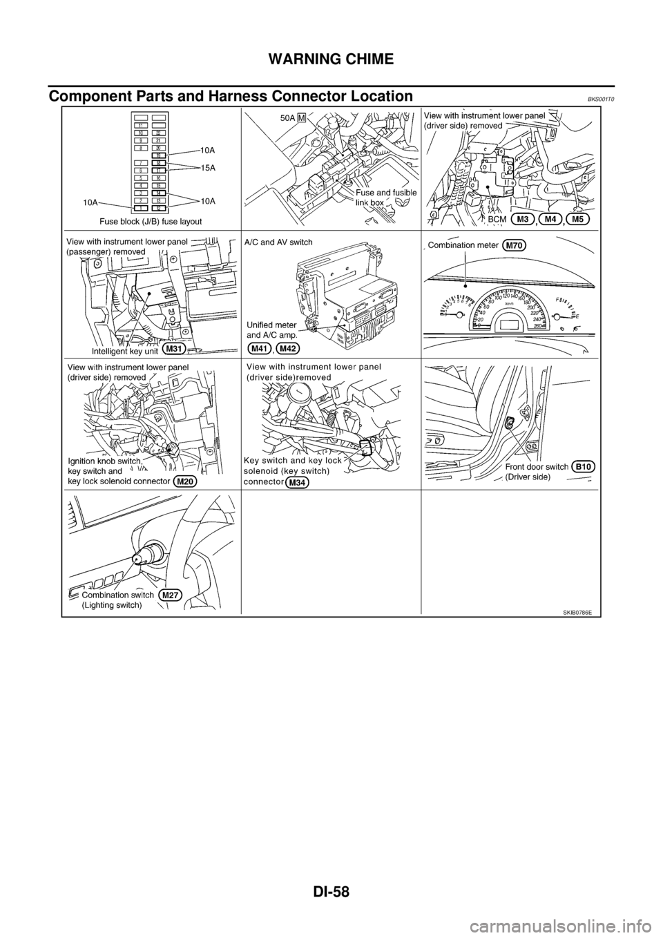 NISSAN TEANA 2003  Service Manual DI-58
WARNING CHIME
 
Component Parts and Harness Connector LocationBKS001T0
SKIB0786E 