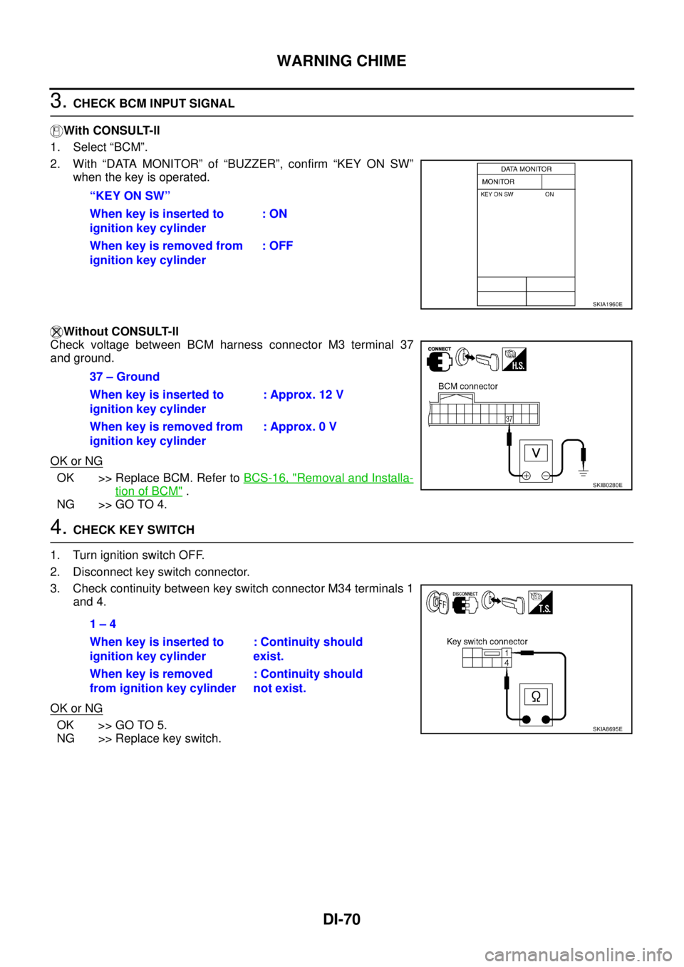 NISSAN TEANA 2003  Service Manual DI-70
WARNING CHIME
 
3. CHECK BCM INPUT SIGNAL
With CONSULT-ll
1. Select “BCM”.
2. With “DATA MONITOR” of “BUZZER”, confirm “KEY ON SW”
when the key is operated.
Without CONSULT-ll
Ch