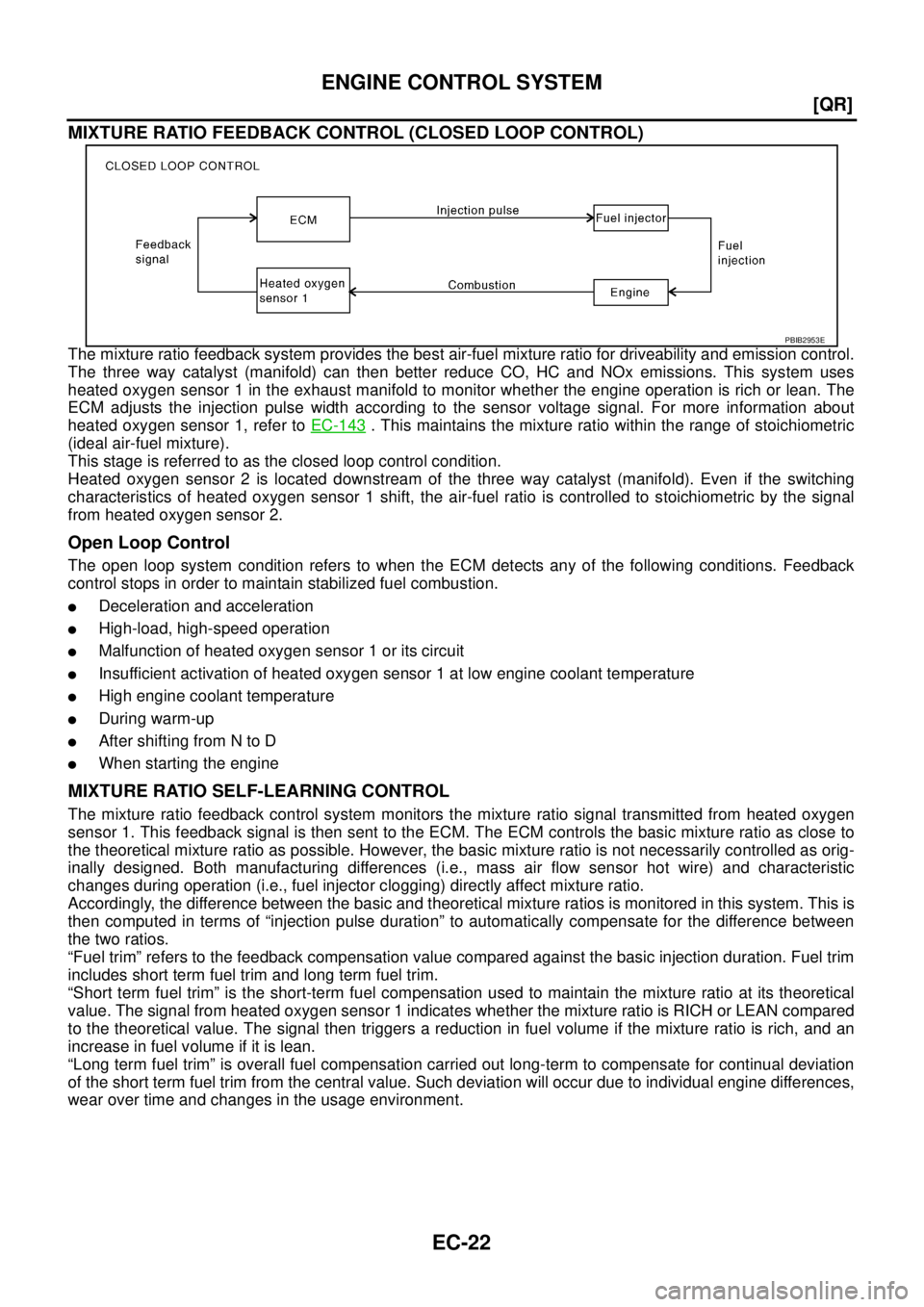 NISSAN TEANA 2003  Service Manual EC-22
[QR]
ENGINE CONTROL SYSTEM
 
MIXTURE RATIO FEEDBACK CONTROL (CLOSED LOOP CONTROL)
The mixture ratio feedback system provides the best air-fuel mixture ratio for driveability and emission control