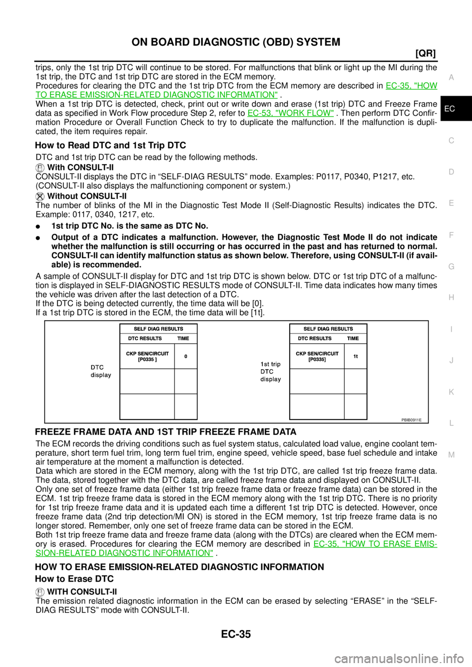 NISSAN TEANA 2003  Service Manual ON BOARD DIAGNOSTIC (OBD) SYSTEM
EC-35
[QR]
C
D
E
F
G
H
I
J
K
L
MA
EC
 
trips, only the 1st trip DTC will continue to be stored. For malfunctions that blink or light up the MI during the
1st trip, the