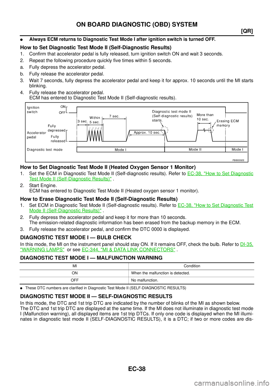 NISSAN TEANA 2003  Service Manual EC-38
[QR]
ON BOARD DIAGNOSTIC (OBD) SYSTEM
 
Always ECM returns to Diagnostic Test Mode I after ignition switch is turned OFF.
How to Set Diagnostic Test Mode II (Self-Diagnostic Results)
1. Confirm