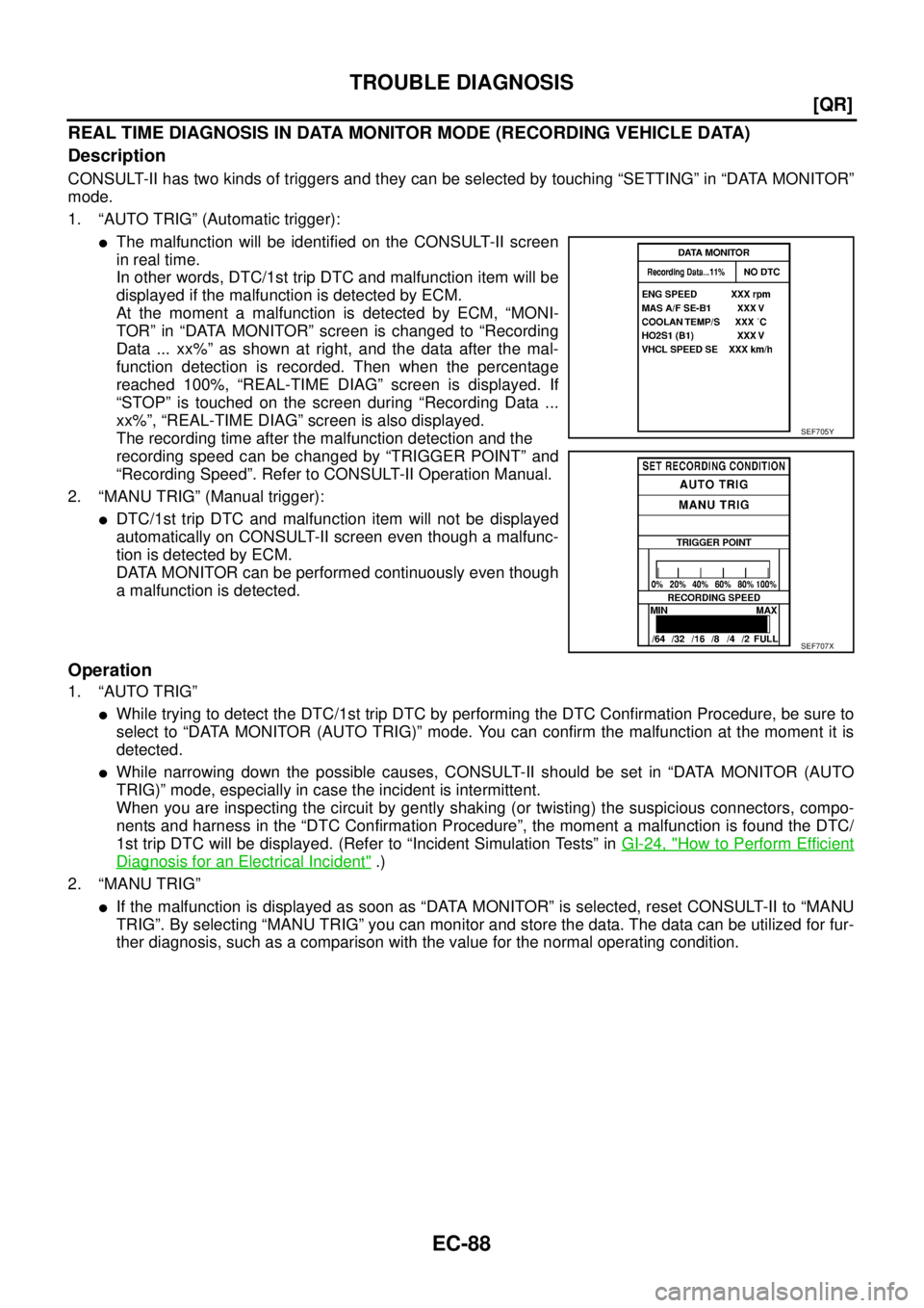 NISSAN TEANA 2003  Service Manual EC-88
[QR]
TROUBLE DIAGNOSIS
 
REAL TIME DIAGNOSIS IN DATA MONITOR MODE (RECORDING VEHICLE DATA)
Description
CONSULT-II has two kinds of triggers and they can be selected by touching “SETTING” in 