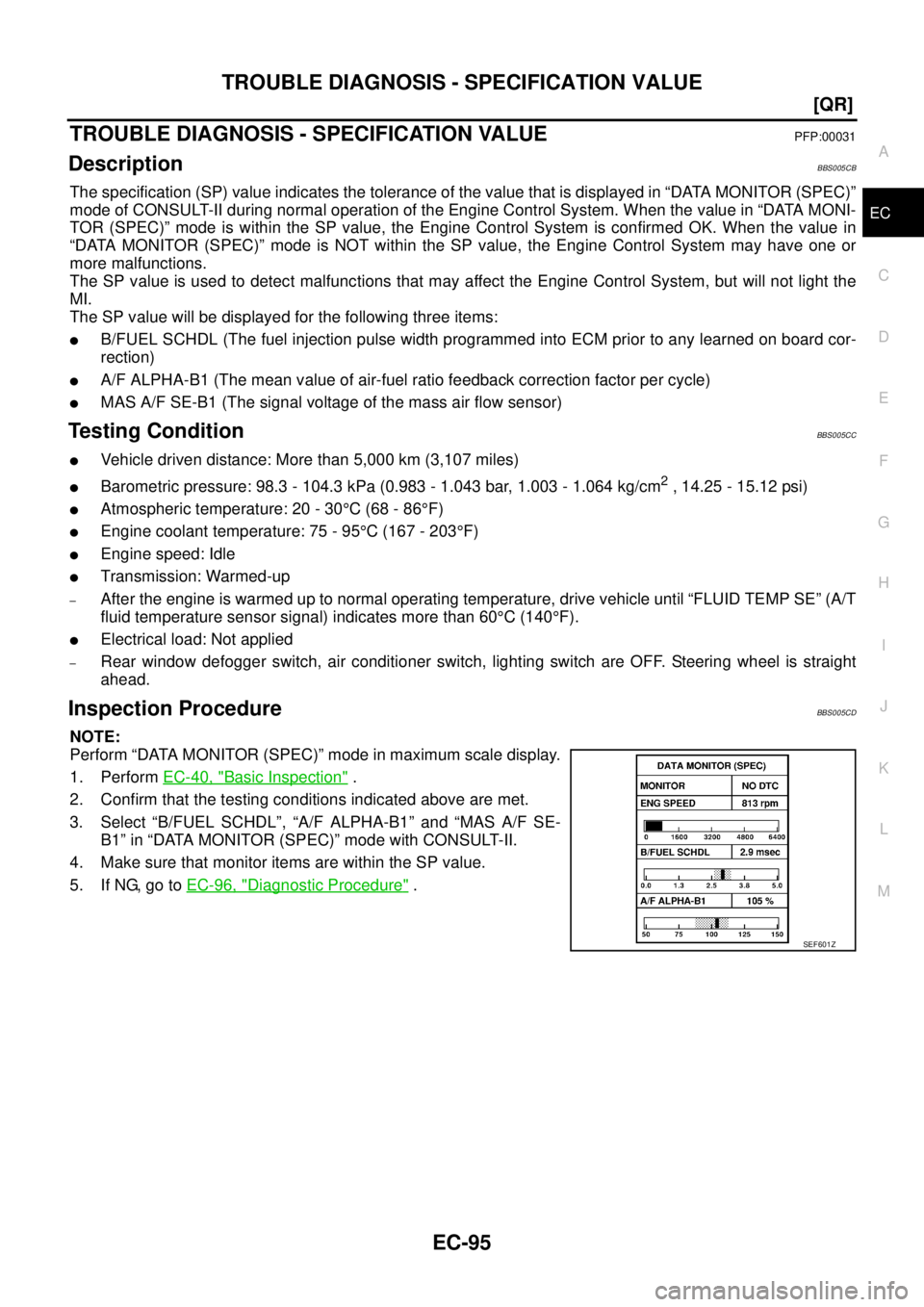 NISSAN TEANA 2003  Service Manual TROUBLE DIAGNOSIS - SPECIFICATION VALUE
EC-95
[QR]
C
D
E
F
G
H
I
J
K
L
MA
EC
 
TROUBLE DIAGNOSIS - SPECIFICATION VALUEPFP:00031
DescriptionBBS005CB
The specification (SP) value indicates the tolerance