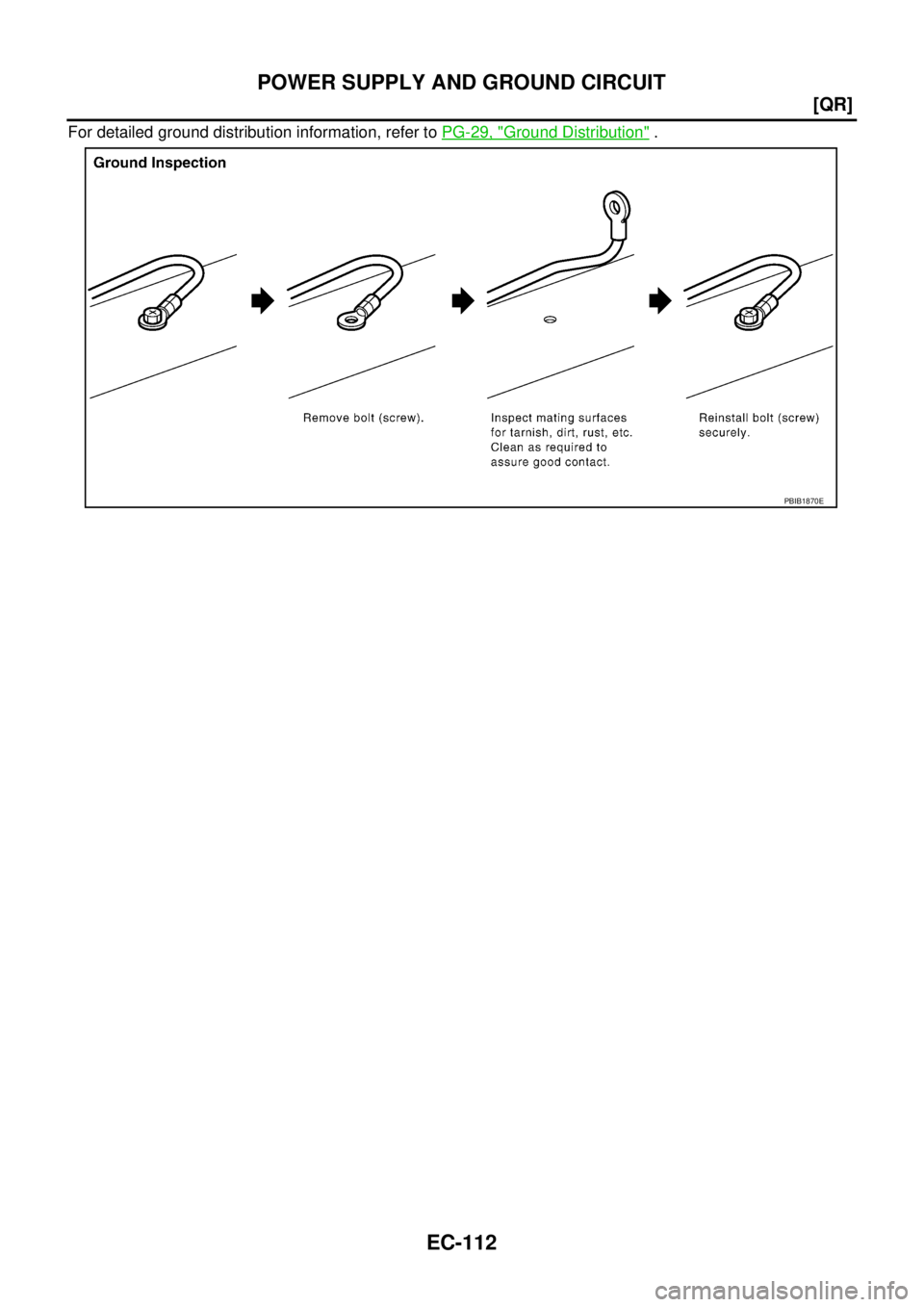 NISSAN TEANA 2003  Service Manual EC-112
[QR]
POWER SUPPLY AND GROUND CIRCUIT
 
For detailed ground distribution information, refer to PG-29, "Ground Distribution" .
PBIB1870E 