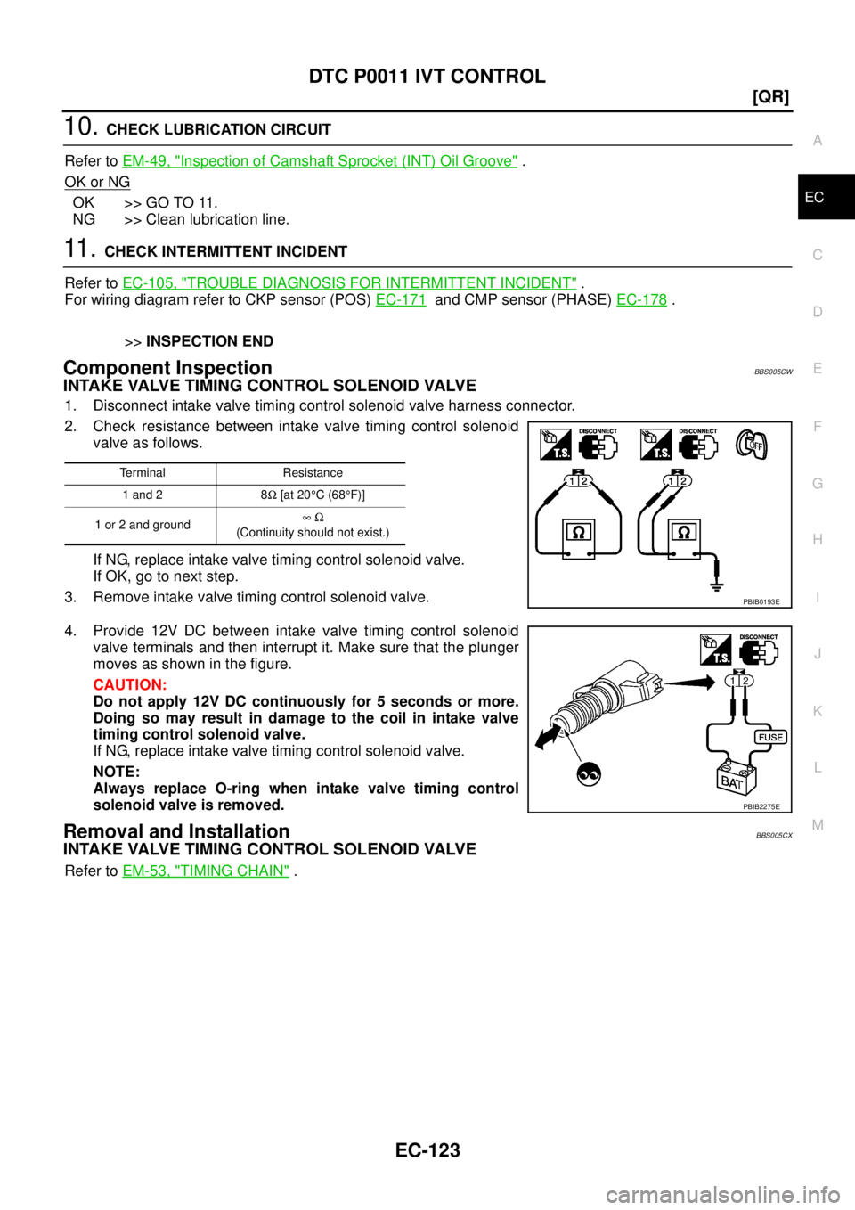 NISSAN TEANA 2003  Service Manual DTC P0011 IVT CONTROL
EC-123
[QR]
C
D
E
F
G
H
I
J
K
L
MA
EC
 
10. CHECK LUBRICATION CIRCUIT
Refer to EM-49, "
Inspection of Camshaft Sprocket (INT) Oil Groove" .
OK or NG
OK >> GO TO 11.
NG >> Clean l