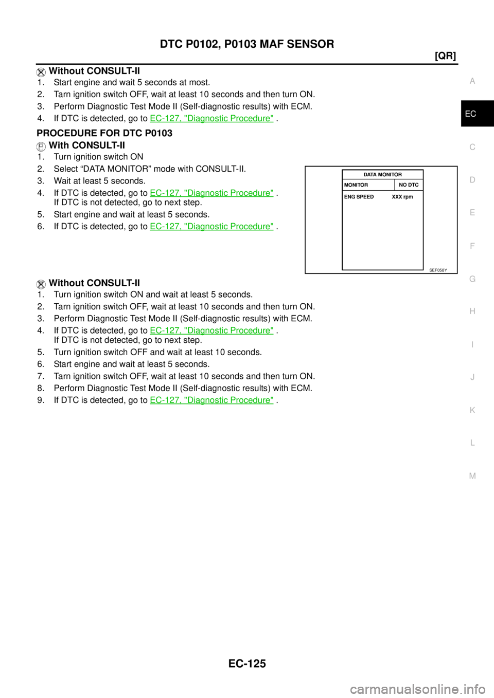 NISSAN TEANA 2003  Service Manual DTC P0102, P0103 MAF SENSOR
EC-125
[QR]
C
D
E
F
G
H
I
J
K
L
MA
EC
 
 Without CONSULT-II
1. Start engine and wait 5 seconds at most.
2. Tarn ignition switch OFF, wait at least 10 seconds and then turn 