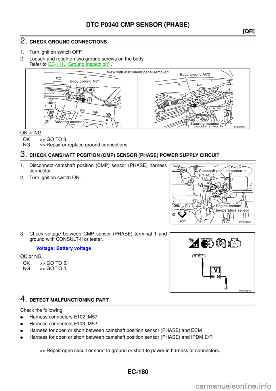 NISSAN TEANA 2003  Service Manual EC-180
[QR]
DTC P0340 CMP SENSOR (PHASE)
 
2. CHECK GROUND CONNECTIONS
1. Turn ignition switch OFF.
2. Loosen and retighten two ground screws on the body.
Refer to E C - 111 ,  "
Ground Inspection" .
