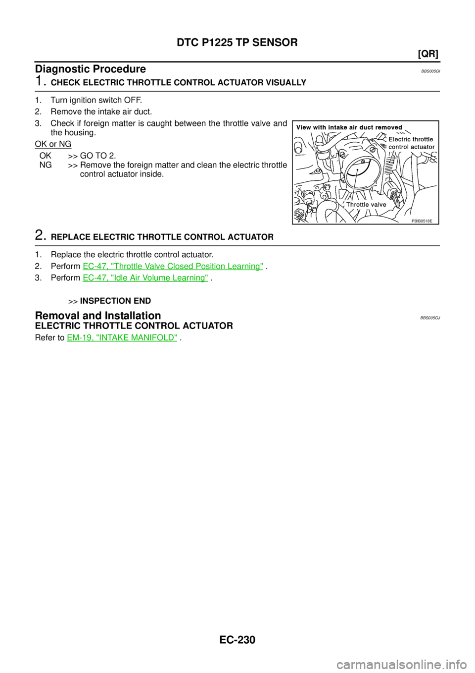 NISSAN TEANA 2003  Service Manual EC-230
[QR]
DTC P1225 TP SENSOR
 
Diagnostic ProcedureBBS005GI
1. CHECK ELECTRIC THROTTLE CONTROL ACTUATOR VISUALLY
1. Turn ignition switch OFF.
2. Remove the intake air duct.
3. Check if foreign matt