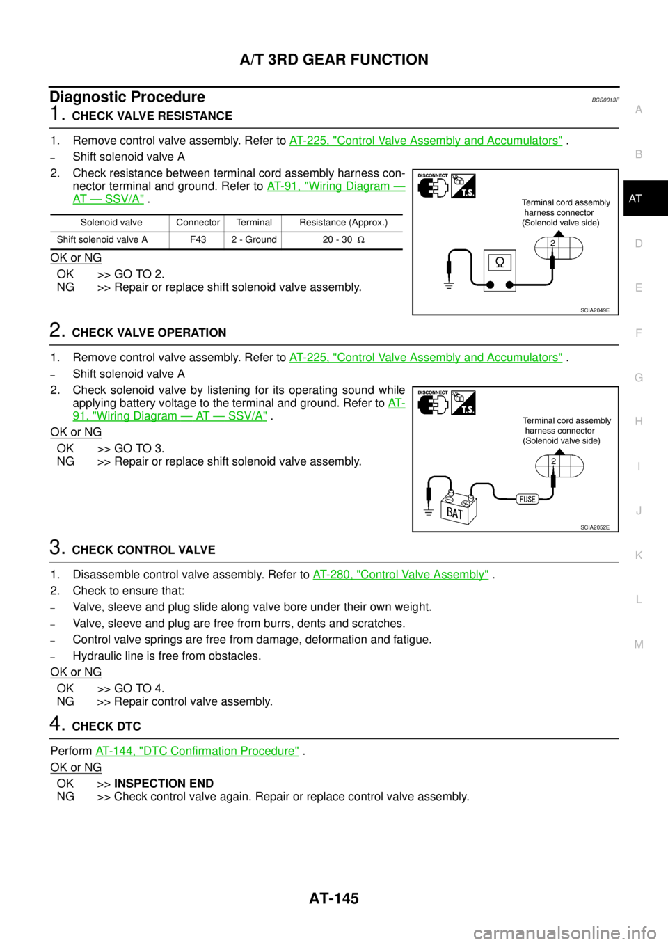 NISSAN TEANA 2003  Service Manual A/T 3RD GEAR FUNCTION
AT-145
D
E
F
G
H
I
J
K
L
MA
B
AT
 
Diagnostic ProcedureBCS0013F
1. CHECK VALVE RESISTANCE
1. Remove control valve assembly. Refer to AT- 2 2 5 ,  "
Control Valve Assembly and Acc