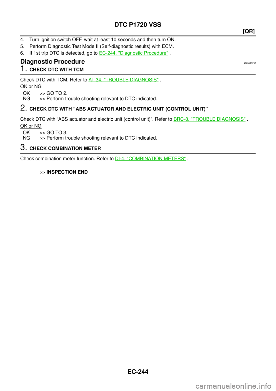 NISSAN TEANA 2003  Service Manual EC-244
[QR]
DTC P1720 VSS
 
4. Turn ignition switch OFF, wait at least 10 seconds and then turn ON.
5. Perform Diagnostic Test Mode II (Self-diagnostic results) with ECM.
6. If 1st trip DTC is detecte