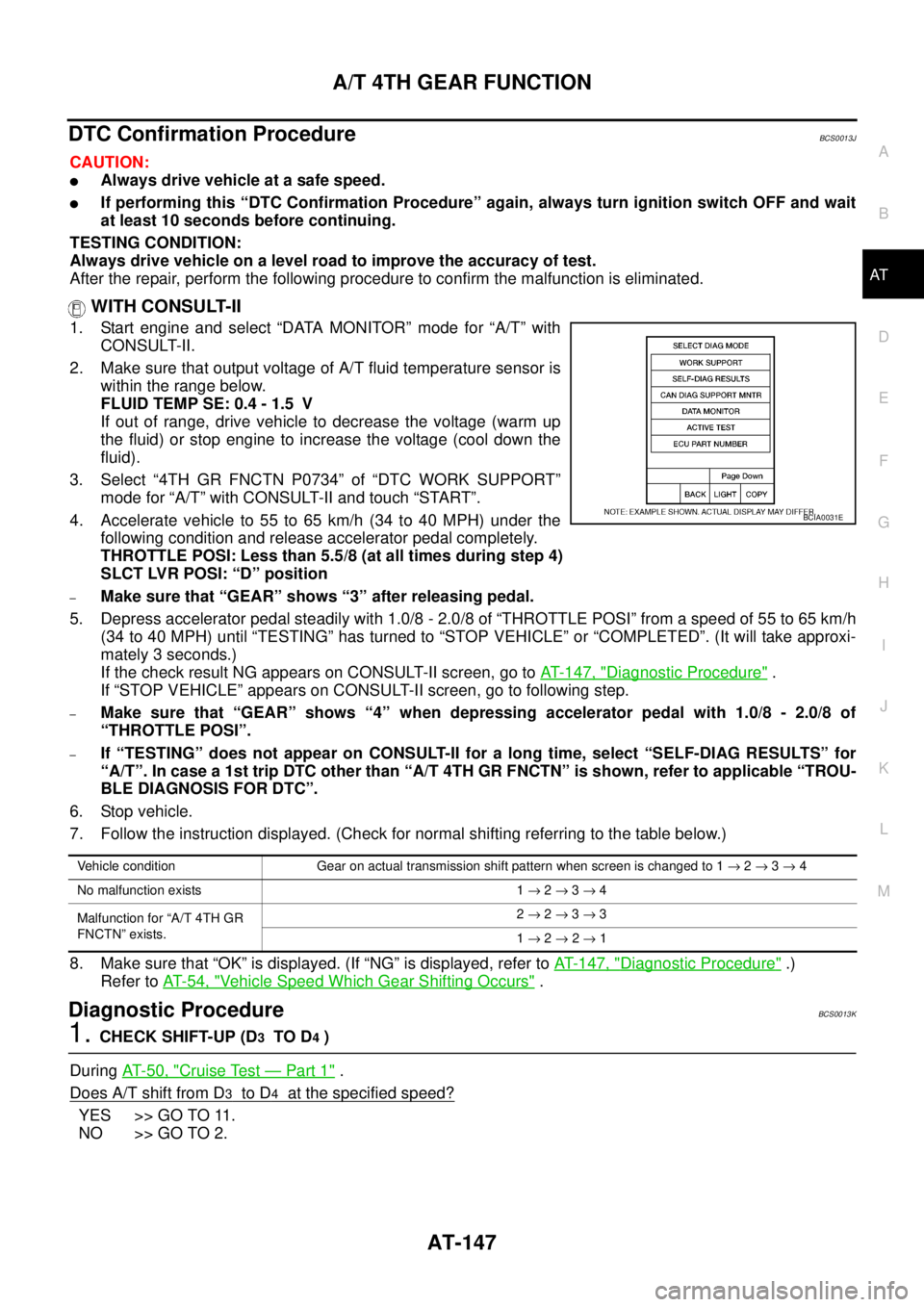 NISSAN TEANA 2003 Repair Manual A/T 4TH GEAR FUNCTION
AT-147
D
E
F
G
H
I
J
K
L
MA
B
AT
 
DTC Confirmation ProcedureBCS0013J
CAUTION:
Always drive vehicle at a safe speed.
If performing this “DTC Confirmation Procedure” again, 