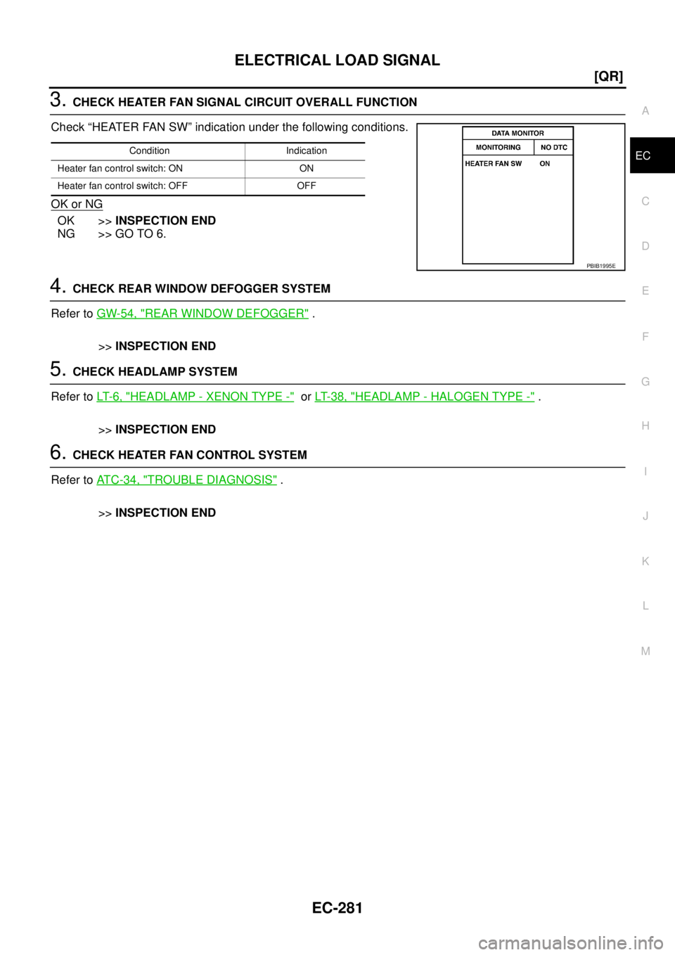 NISSAN TEANA 2003  Service Manual ELECTRICAL LOAD SIGNAL
EC-281
[QR]
C
D
E
F
G
H
I
J
K
L
MA
EC
 
3. CHECK HEATER FAN SIGNAL CIRCUIT OVERALL FUNCTION
Check “HEATER FAN SW” indication under the following conditions.
OK or NG
OK >>IN