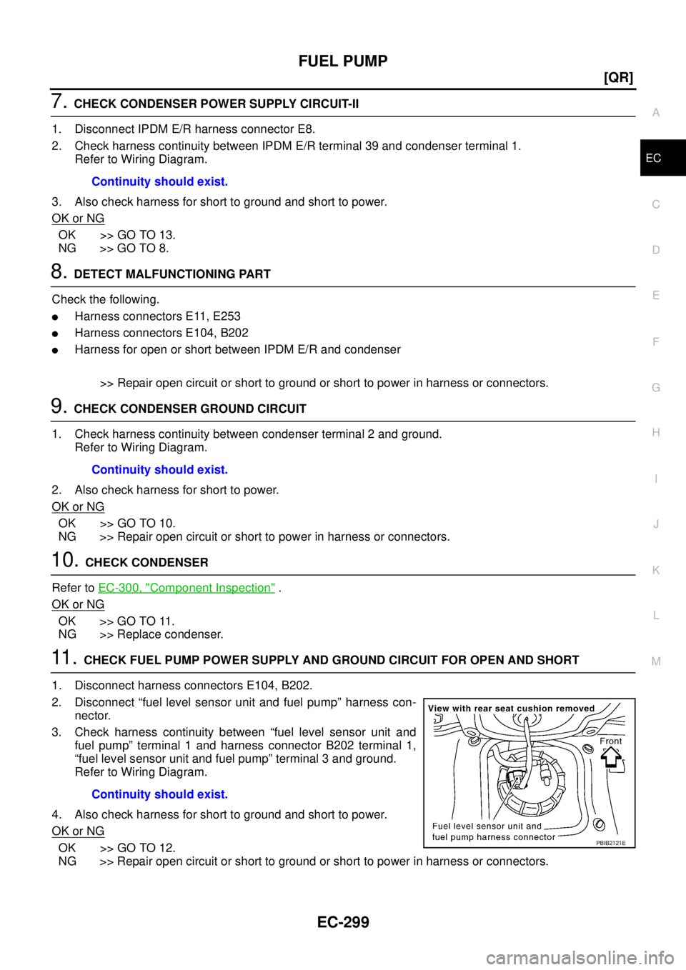NISSAN TEANA 2003  Service Manual FUEL PUMP
EC-299
[QR]
C
D
E
F
G
H
I
J
K
L
MA
EC
 
7. CHECK CONDENSER POWER SUPPLY CIRCUIT-II
1. Disconnect IPDM E/R harness connector E8.
2. Check harness continuity between IPDM E/R terminal 39 and c