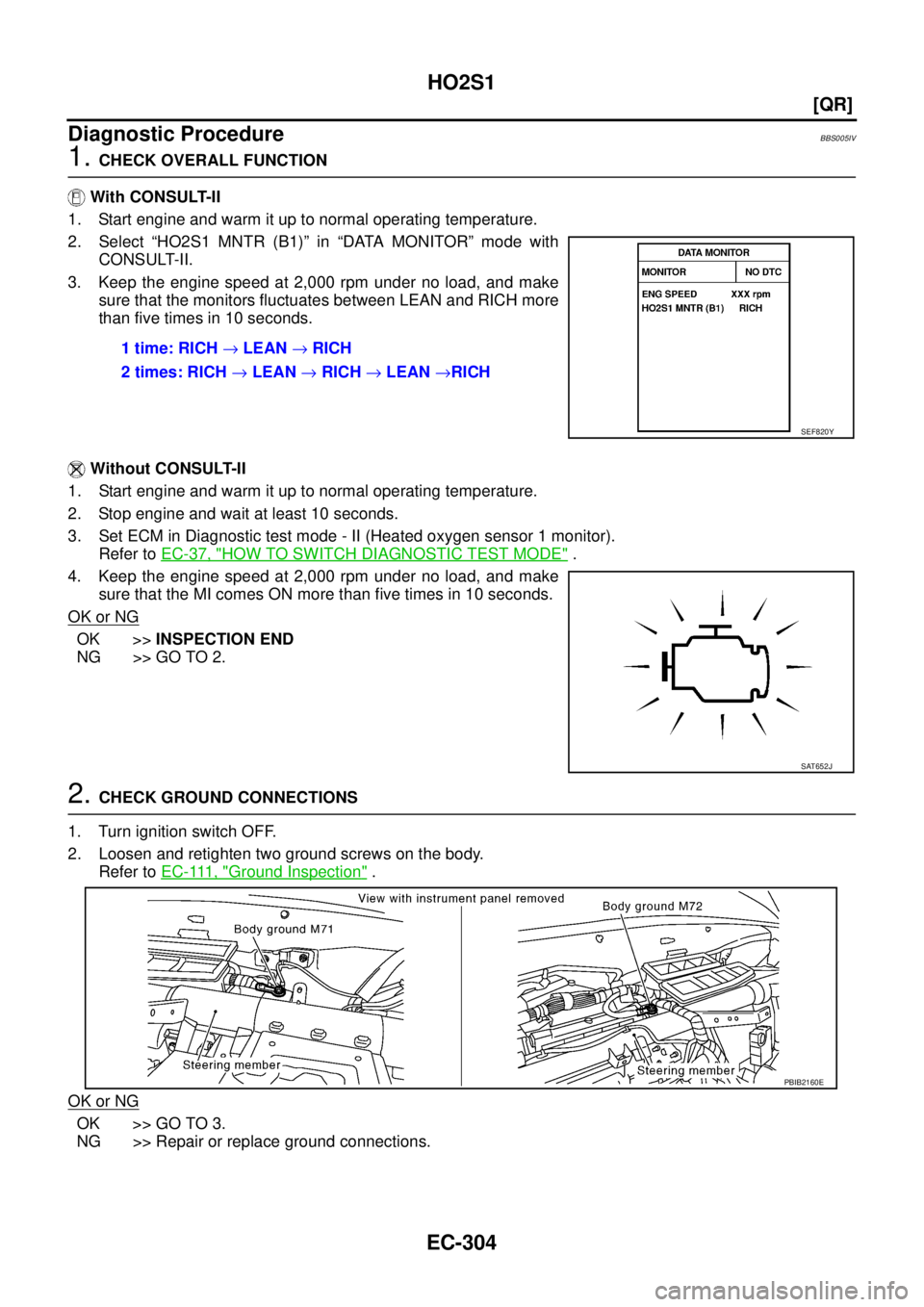 NISSAN TEANA 2003  Service Manual EC-304
[QR]
HO2S1
 
Diagnostic ProcedureBBS005IV
1. CHECK OVERALL FUNCTION
 With CONSULT-II
1. Start engine and warm it up to normal operating temperature.
2. Select “HO2S1 MNTR (B1)” in “DATA M
