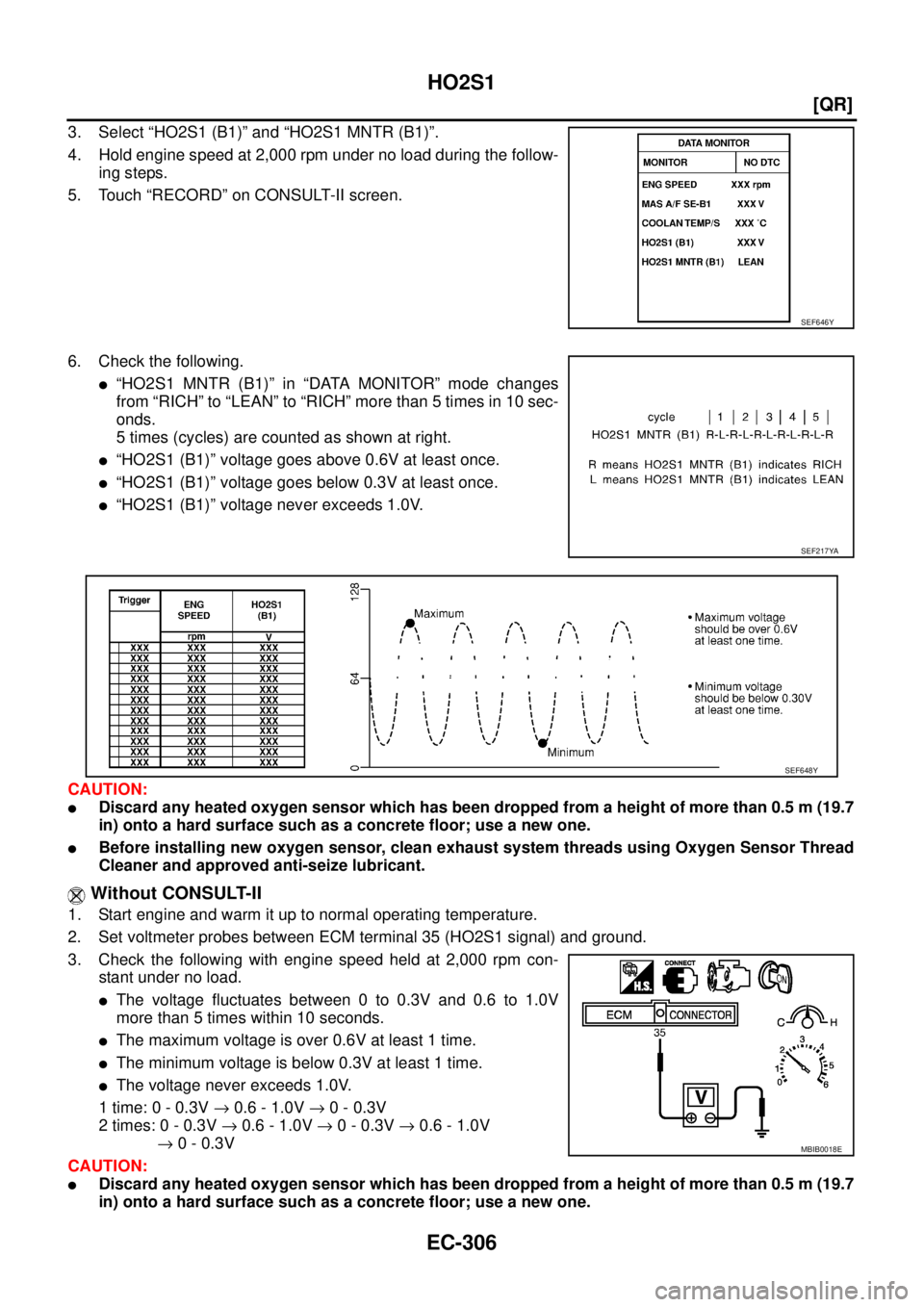NISSAN TEANA 2003  Service Manual EC-306
[QR]
HO2S1
 
3. Select “HO2S1 (B1)” and “HO2S1 MNTR (B1)”.
4. Hold engine speed at 2,000 rpm under no load during the follow-
ing steps.
5. Touch “RECORD” on CONSULT-II screen.
6. C