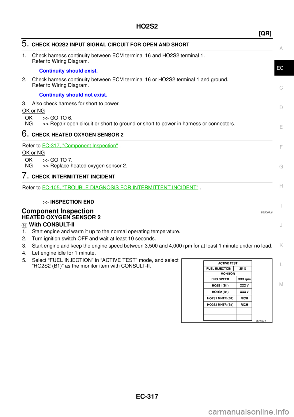 NISSAN TEANA 2003  Service Manual HO2S2
EC-317
[QR]
C
D
E
F
G
H
I
J
K
L
MA
EC
 
5. CHECK HO2S2 INPUT SIGNAL CIRCUIT FOR OPEN AND SHORT
1. Check harness continuity between ECM terminal 16 and HO2S2 terminal 1.
Refer to Wiring Diagram.
