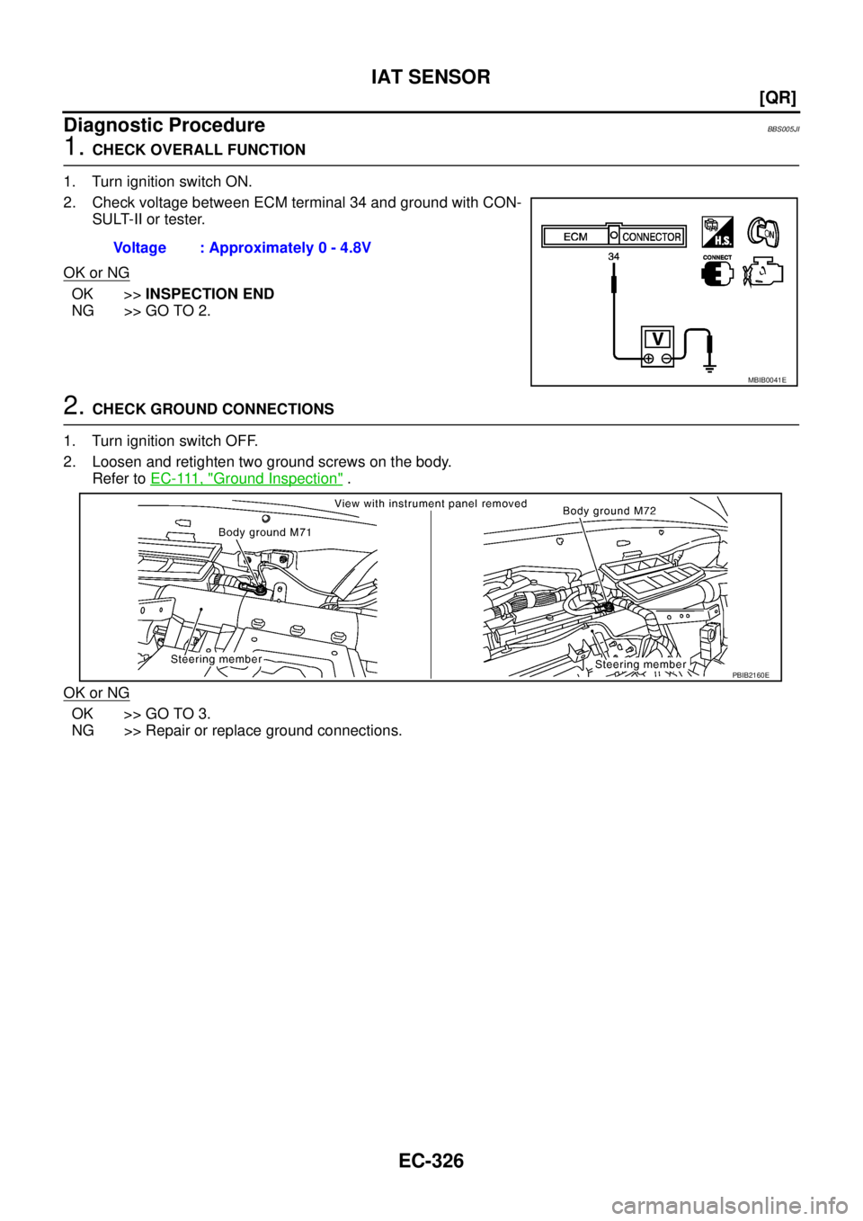 NISSAN TEANA 2003  Service Manual EC-326
[QR]
IAT SENSOR
 
Diagnostic ProcedureBBS005JI
1. CHECK OVERALL FUNCTION
1. Turn ignition switch ON.
2. Check voltage between ECM terminal 34 and ground with CON-
SULT-II or tester.
OK or NG
OK