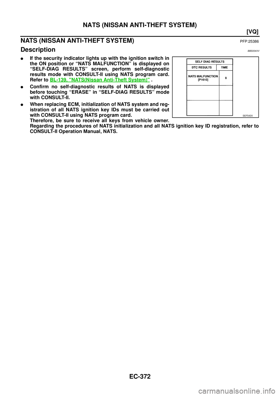 NISSAN TEANA 2003  Service Manual EC-372
[VQ]
NATS (NISSAN ANTI-THEFT SYSTEM)
 
NATS (NISSAN ANTI-THEFT SYSTEM)PFP:25386
DescriptionBBS004XV
If the security indicator lights up with the ignition switch in
the ON position or “NATS M