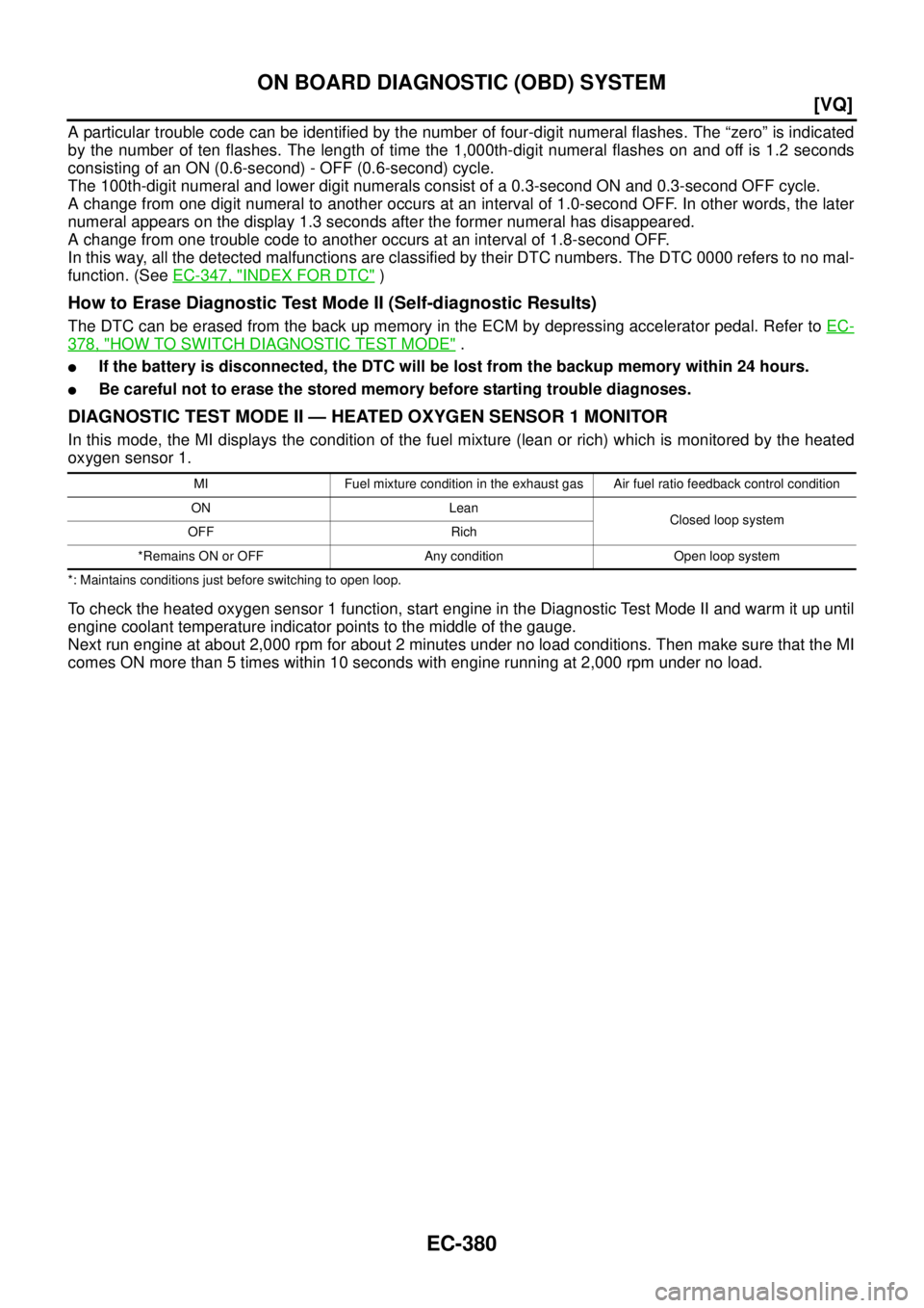 NISSAN TEANA 2003  Service Manual EC-380
[VQ]
ON BOARD DIAGNOSTIC (OBD) SYSTEM
 
A particular trouble code can be identified by the number of four-digit numeral flashes. The “zero” is indicated
by the number of ten flashes. The le