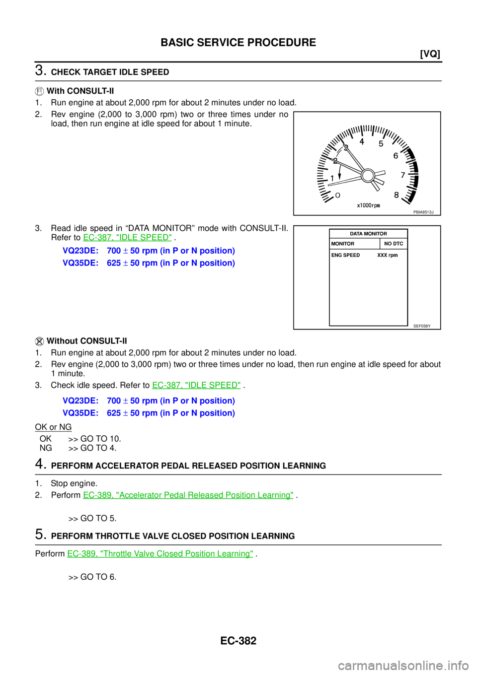 NISSAN TEANA 2003  Service Manual EC-382
[VQ]
BASIC SERVICE PROCEDURE
 
3. CHECK TARGET IDLE SPEED
 With CONSULT-II
1. Run engine at about 2,000 rpm for about 2 minutes under no load.
2. Rev engine (2,000 to 3,000 rpm) two or three ti