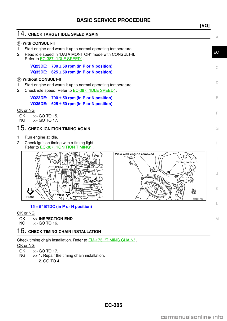 NISSAN TEANA 2003  Service Manual BASIC SERVICE PROCEDURE
EC-385
[VQ]
C
D
E
F
G
H
I
J
K
L
MA
EC
 
14. CHECK TARGET IDLE SPEED AGAIN
 With CONSULT-II
1. Start engine and warm it up to normal operating temperature.
2. Read idle speed in