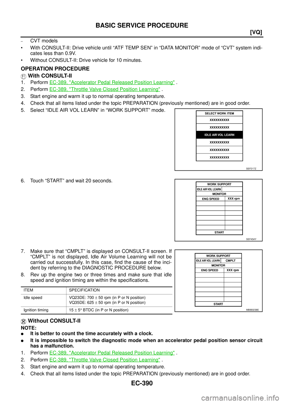 NISSAN TEANA 2003  Service Manual EC-390
[VQ]
BASIC SERVICE PROCEDURE
 
–CVT models
 With CONSULT-II: Drive vehicle until “ATF TEMP SEN” in “DATA MONITOR” mode of “CVT” system indi-
cates less than 0.9V.
 Without CONSU