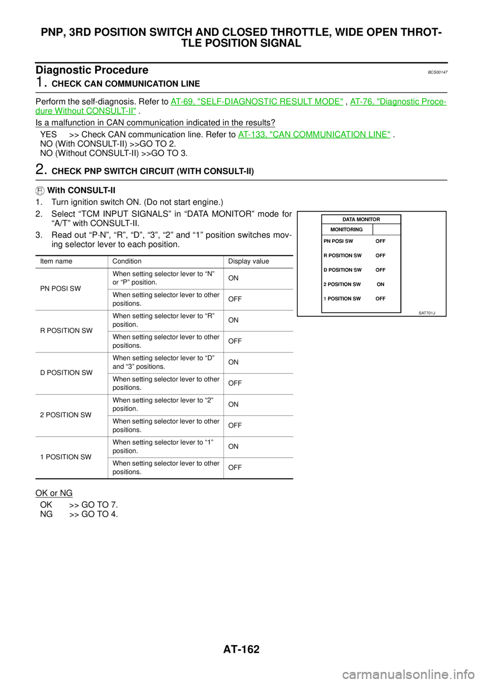 NISSAN TEANA 2003 Service Manual AT-162
PNP, 3RD POSITION SWITCH AND CLOSED THROTTLE, WIDE OPEN THROT-
TLE POSITION SIGNAL
Diagnostic ProcedureBCS00147
1. CHECK CAN COMMUNICATION LINE
Perform the self-diagnosis. Refer to AT- 6 9 , NISSAN TEANA 2003 Service Manual AT-162
PNP, 3RD POSITION SWITCH AND CLOSED THROTTLE, WIDE OPEN THROT-
TLE POSITION SIGNAL
Diagnostic ProcedureBCS00147
1. CHECK CAN COMMUNICATION LINE
Perform the self-diagnosis. Refer to AT- 6 9 ,