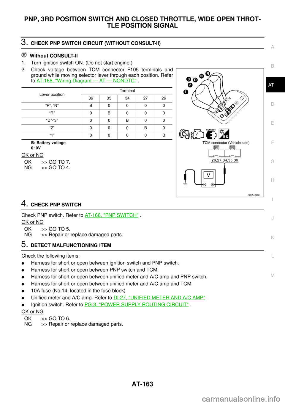NISSAN TEANA 2003  Service Manual PNP, 3RD POSITION SWITCH AND CLOSED THROTTLE, WIDE OPEN THROT-
TLE POSITION SIGNAL
AT-163
D
E
F
G
H
I
J
K
L
MA
B
AT
 
3. CHECK PNP SWITCH CIRCUIT (WITHOUT CONSULT-II)
 Without CONSULT-II
1. Turn ignit