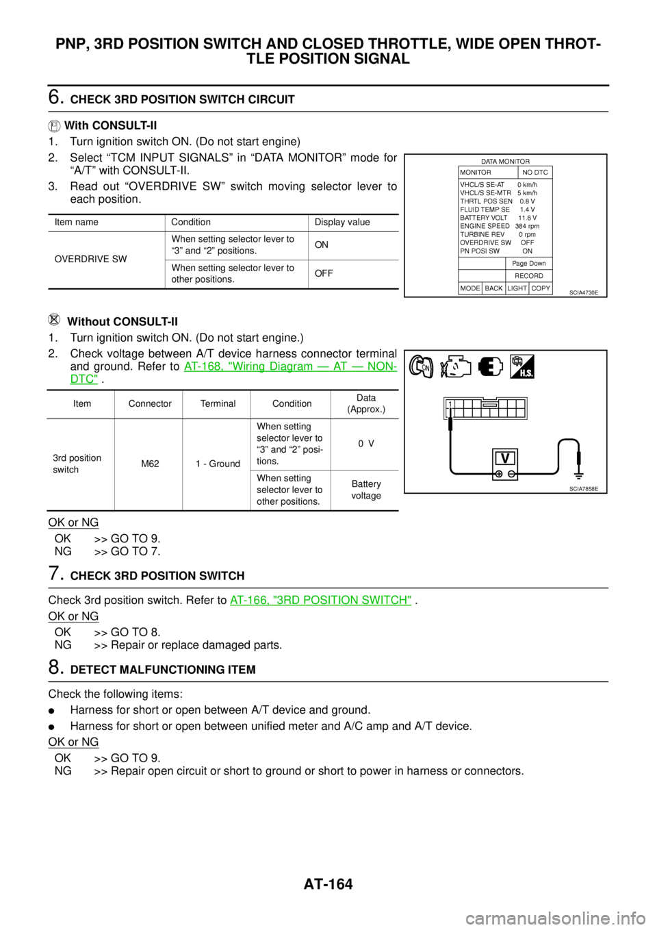 NISSAN TEANA 2003  Service Manual AT-164
PNP, 3RD POSITION SWITCH AND CLOSED THROTTLE, WIDE OPEN THROT-
TLE POSITION SIGNAL
 
6. CHECK 3RD POSITION SWITCH CIRCUIT
 With CONSULT-II
1. Turn ignition switch ON. (Do not start engine)
2. S