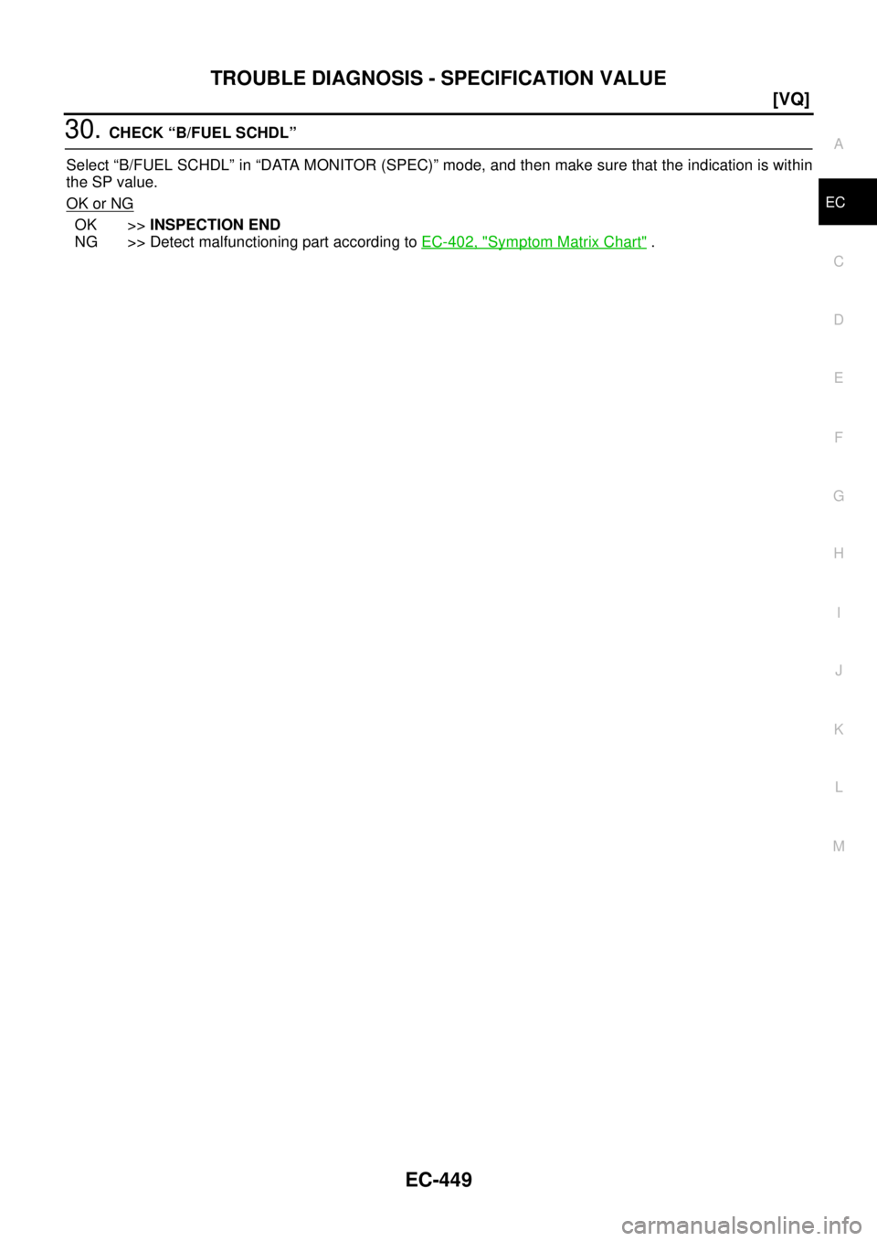 NISSAN TEANA 2003  Service Manual TROUBLE DIAGNOSIS - SPECIFICATION VALUE
EC-449
[VQ]
C
D
E
F
G
H
I
J
K
L
MA
EC
 
30. CHECK “B/FUEL SCHDL”
Select “B/FUEL SCHDL” in “DATA MONITOR (SPEC)” mode, and then make sure that the in