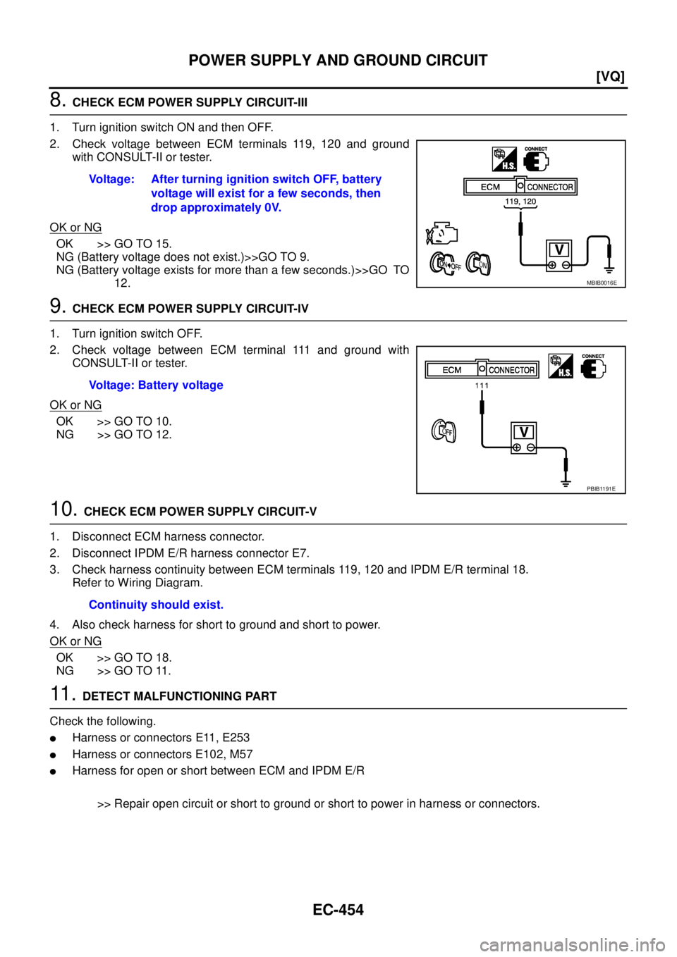 NISSAN TEANA 2003  Service Manual EC-454
[VQ]
POWER SUPPLY AND GROUND CIRCUIT
 
8. CHECK ECM POWER SUPPLY CIRCUIT-III
1. Turn ignition switch ON and then OFF.
2. Check voltage between ECM terminals 119, 120 and ground
with CONSULT-II 