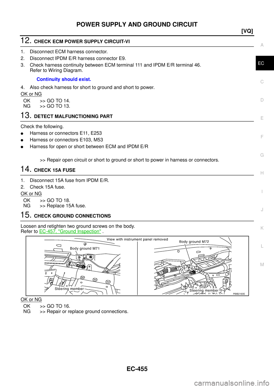 NISSAN TEANA 2003  Service Manual POWER SUPPLY AND GROUND CIRCUIT
EC-455
[VQ]
C
D
E
F
G
H
I
J
K
L
MA
EC
 
12. CHECK ECM POWER SUPPLY CIRCUIT-VI
1. Disconnect ECM harness connector.
2. Disconnect IPDM E/R harness connector E9.
3. Check