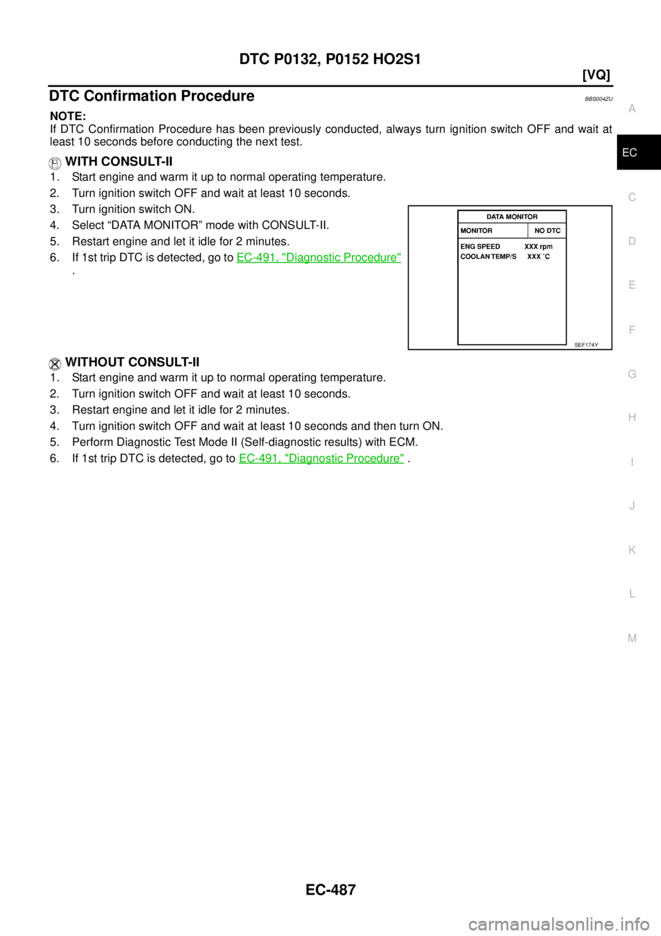 NISSAN TEANA 2003  Service Manual DTC P0132, P0152 HO2S1
EC-487
[VQ]
C
D
E
F
G
H
I
J
K
L
MA
EC
 
DTC Confirmation ProcedureBBS004ZU
NOTE:
If DTC Confirmation Procedure has been previously conducted, always turn ignition switch OFF and