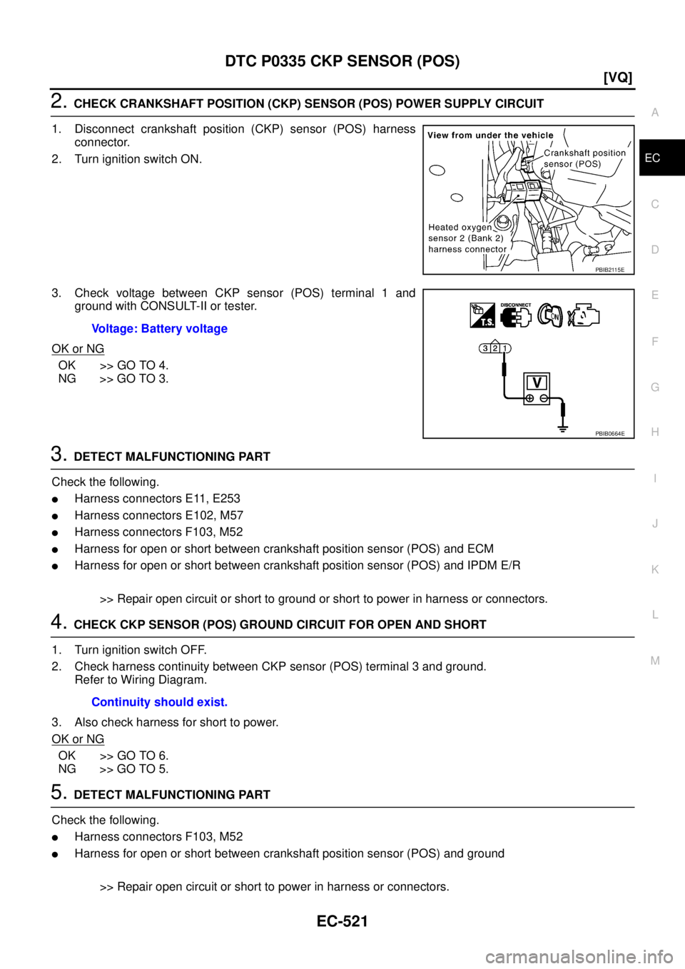 NISSAN TEANA 2003  Service Manual DTC P0335 CKP SENSOR (POS)
EC-521
[VQ]
C
D
E
F
G
H
I
J
K
L
MA
EC
 
2. CHECK CRANKSHAFT POSITION (CKP) SENSOR (POS) POWER SUPPLY CIRCUIT
1. Disconnect crankshaft position (CKP) sensor (POS) harness
con