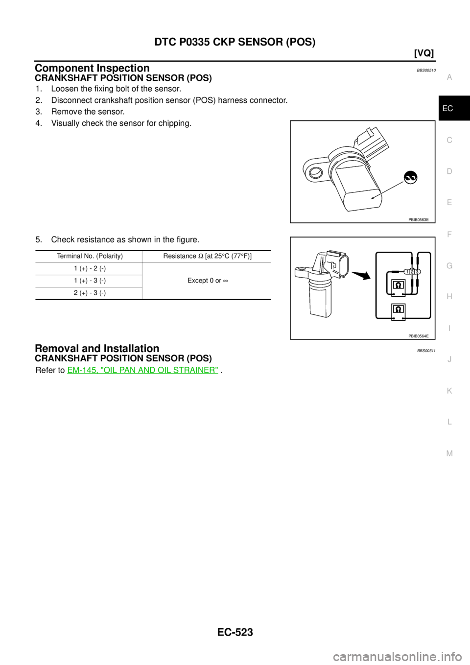 NISSAN TEANA 2003  Service Manual DTC P0335 CKP SENSOR (POS)
EC-523
[VQ]
C
D
E
F
G
H
I
J
K
L
MA
EC
 
Component InspectionBBS00510
CRANKSHAFT POSITION SENSOR (POS)
1. Loosen the fixing bolt of the sensor.
2. Disconnect crankshaft posit