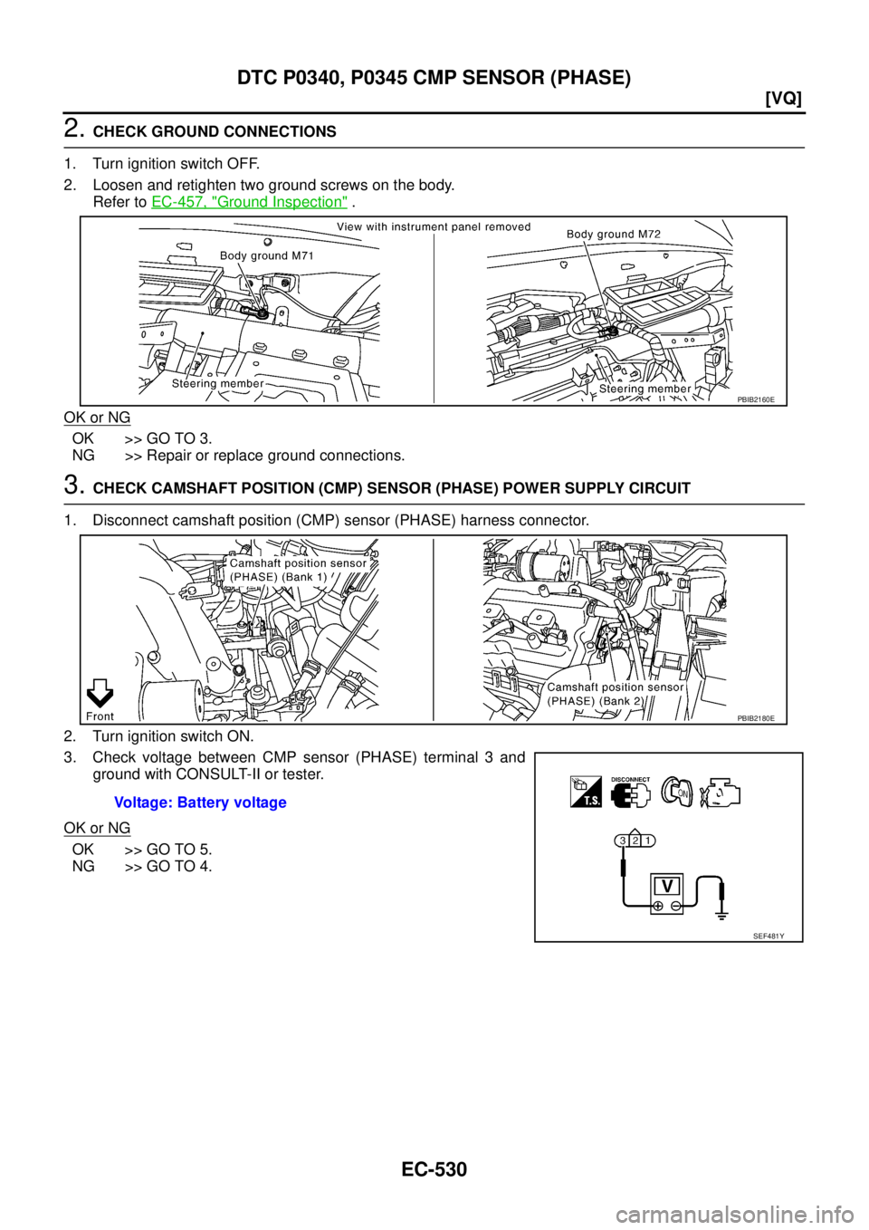NISSAN TEANA 2003  Service Manual EC-530
[VQ]
DTC P0340, P0345 CMP SENSOR (PHASE)
 
2. CHECK GROUND CONNECTIONS
1. Turn ignition switch OFF.
2. Loosen and retighten two ground screws on the body.
Refer to EC-457, "
Ground Inspection" 