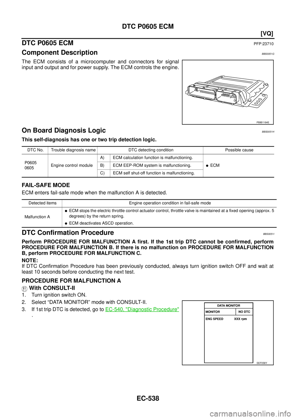 NISSAN TEANA 2003  Service Manual EC-538
[VQ]
DTC P0605 ECM
 
DTC P0605 ECMPFP:23710
Component DescriptionBBS0051G
The ECM consists of a microcomputer and connectors for signal
input and output and for power supply. The ECM controls t