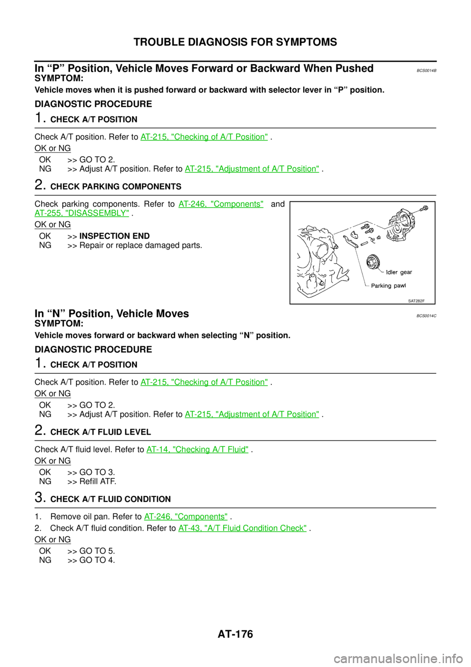 NISSAN TEANA 2003  Service Manual AT-176
TROUBLE DIAGNOSIS FOR SYMPTOMS
 
In “P” Position, Vehicle Moves Forward or Backward When PushedBCS0014B
SYMPTOM:
Vehicle moves when it is pushed forward or backward with selector lever in 