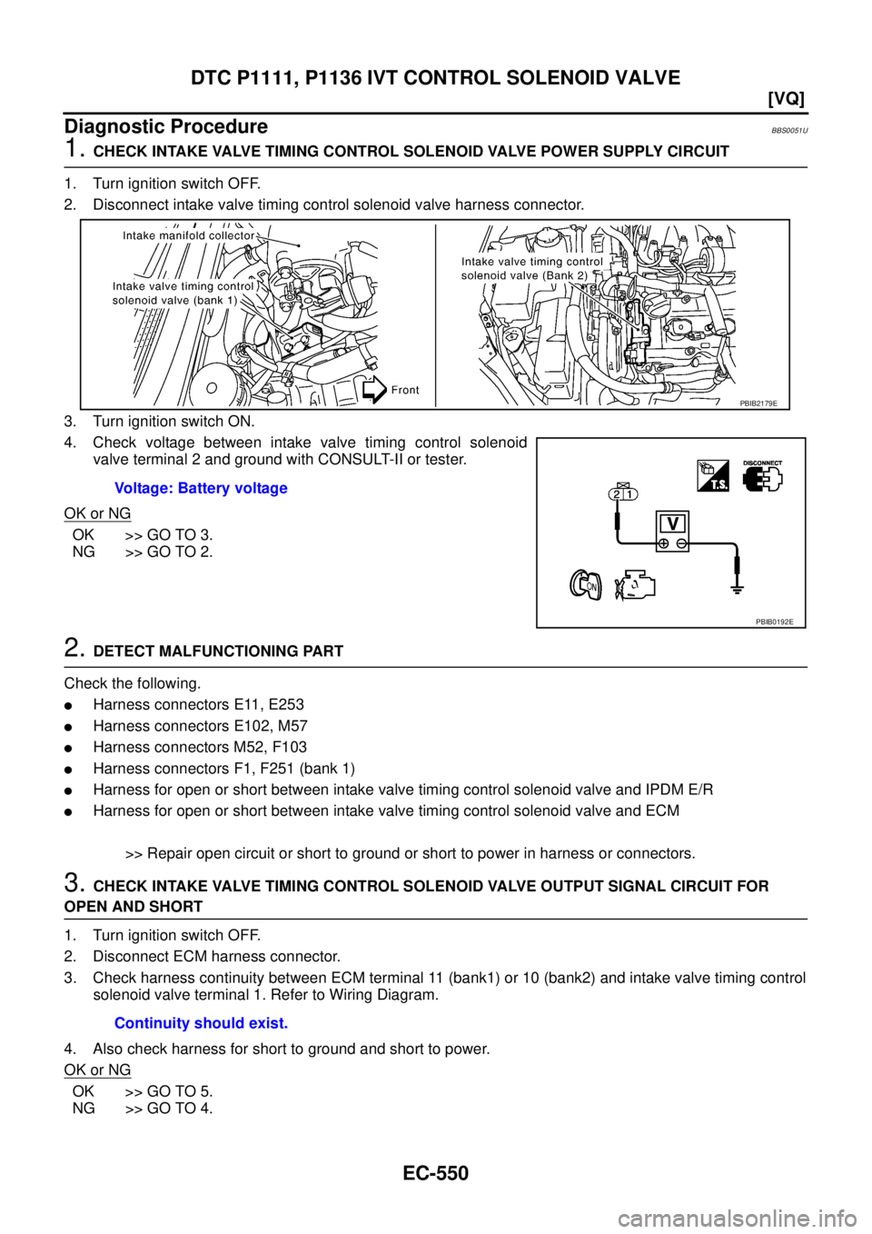 NISSAN TEANA 2003  Service Manual EC-550
[VQ]
DTC P1111, P1136 IVT CONTROL SOLENOID VALVE
 
Diagnostic ProcedureBBS0051U
1. CHECK INTAKE VALVE TIMING CONTROL SOLENOID VALVE POWER SUPPLY CIRCUIT
1. Turn ignition switch OFF.
2. Disconne