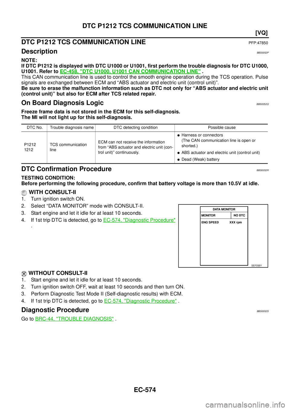 NISSAN TEANA 2003  Service Manual EC-574
[VQ]
DTC P1212 TCS COMMUNICATION LINE
 
DTC P1212 TCS COMMUNICATION LINEPFP:47850
DescriptionBBS0052P
NOTE:
If DTC P1212 is displayed with DTC U1000 or U1001, first perform the trouble diagnosi